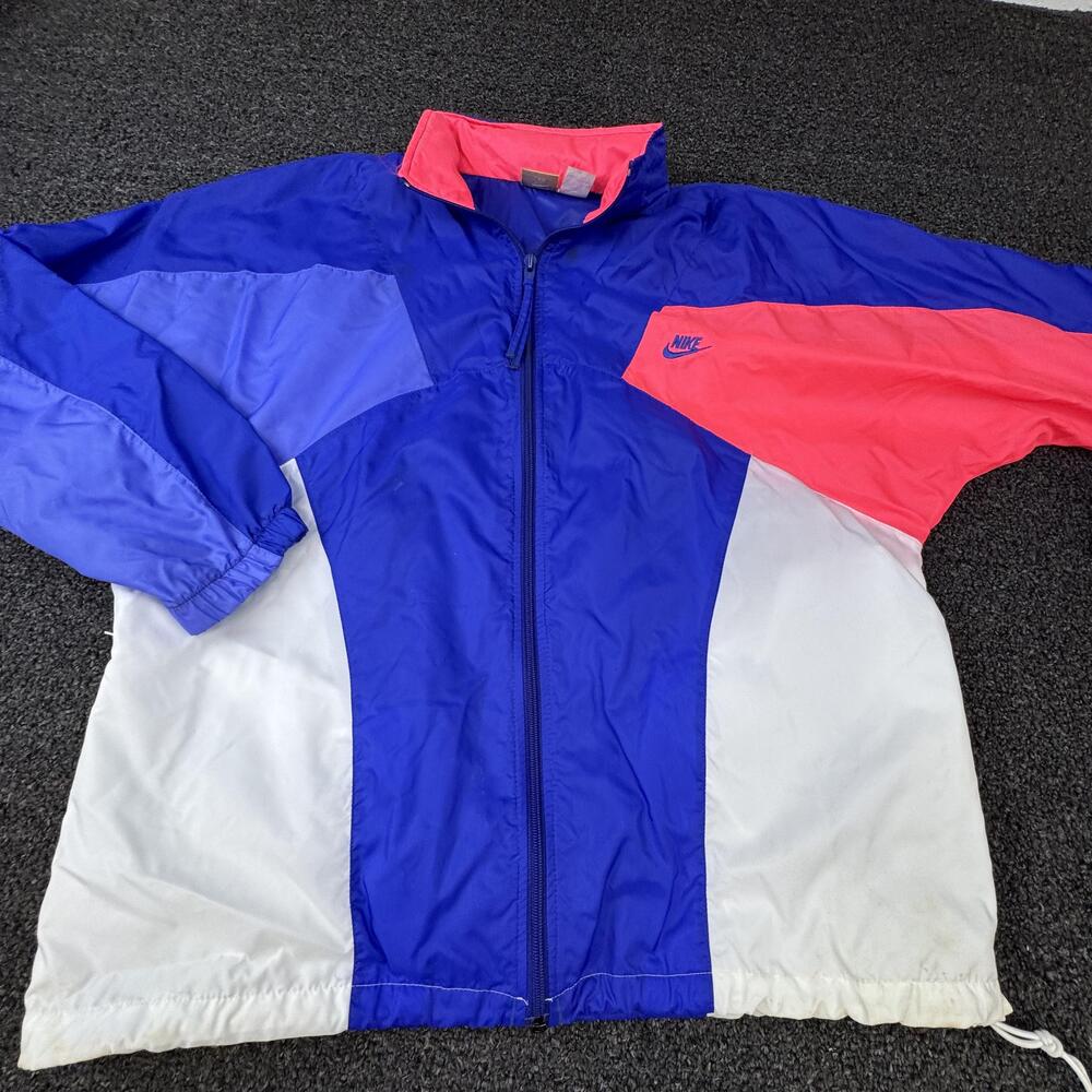 Nike Jacket Mens L Blue Colorblock Windbreaker Full Zip Lined Adjustable 90s
